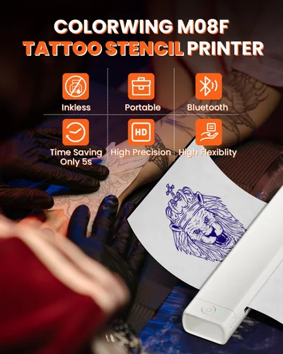 Vista 3 de COLORWING M08F - Impresora inalámbrica portátil de plantillas de tatuajes, máquina térmica sin tinta Bluetooth para plantillas de tatuajes con 10