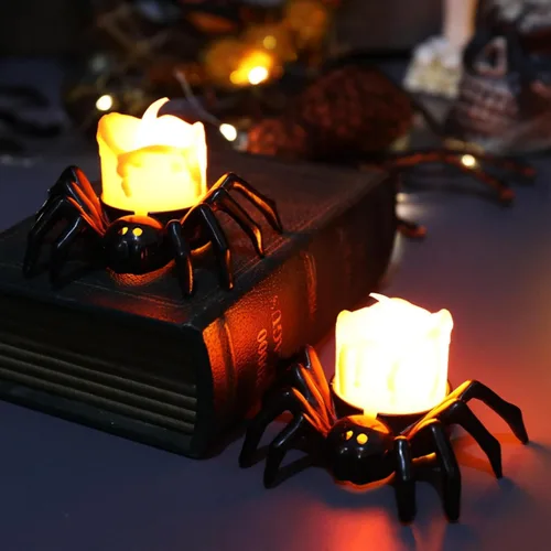 Vista 4 de YBB 12 velas de té de araña de Halloween, novedosas velas LED sin llama, funciona con pilas, lámparas de té naranja para fiesta de Halloween, mesa