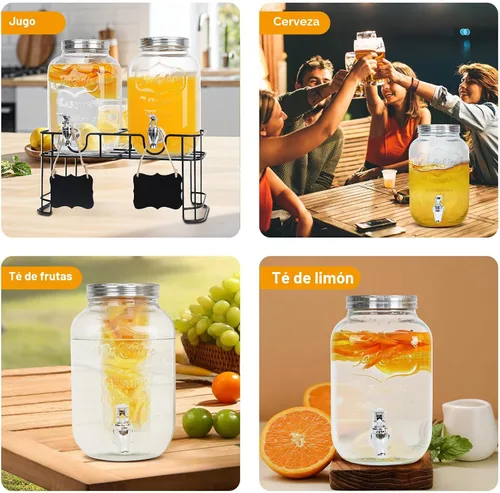 Vista 3 de Paquete de 2 dispensadores de bebidas de vidrio de 1 galón para fiestas - Dispensador de bebidas a prueba de fugas con soporte, grifo, cilindro