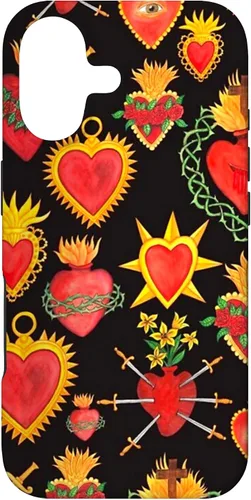 Vista 32 de iPhone 14 Pro Max Hearts Mexican Days of the Dead Latina Milagros Folk Art Fun Case
