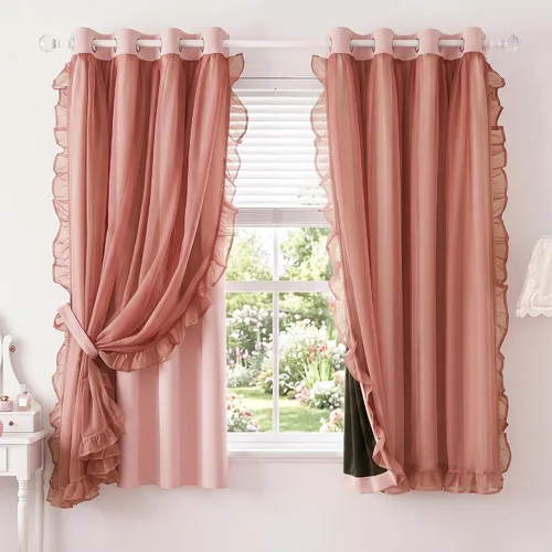 Vista 30 de PONY DANCE 100% Blackout Beige Curtains for Bedroom, Double Layer Room Darkening Drapes with White Ruffle Sheer Overlay, Boho Living Room Decor