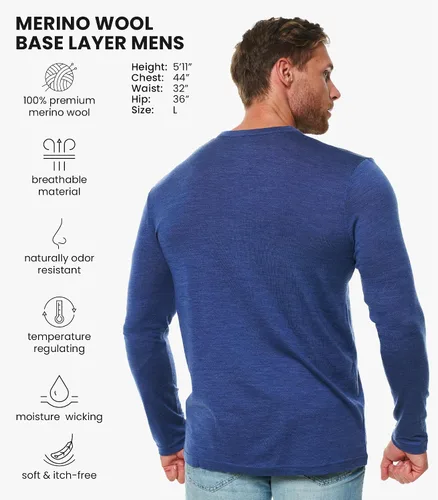 Vista 10 de Camisas 100% de lana merino para hombre - Camisa térmica de manga larga .190 Azul oscuro