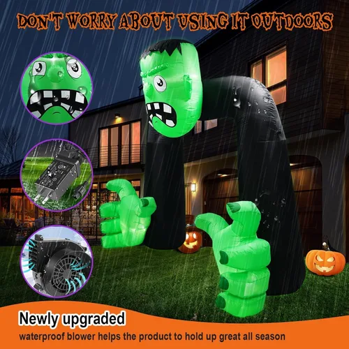 Vista 5 de Arco inflable de Halloween de 9 pies de alto, decoración de Frankenstein, arco inflable de Frankenstein integrado, 5 luces LED para decoración