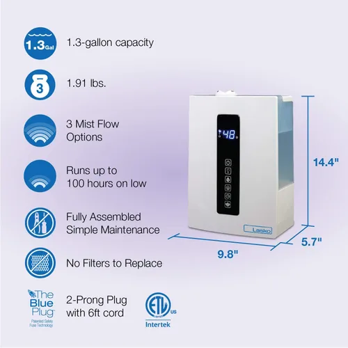 Vista 3 de Lasko Humidificador de niebla caliente y fría UH300 con humidistato y temporizador, silencioso, relajante, humidificador ultrasónico de doble niebla
