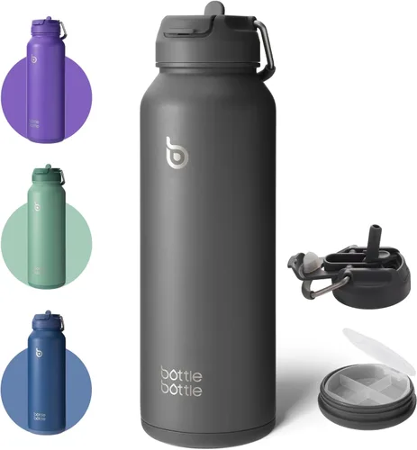 Vista 10 de Botella Botella Botella de agua deportiva de 40 oz de acero inoxidable, botella de agua aislada con popote y porta pastillas Dual-use