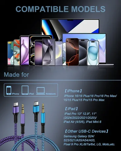 Vista 7 de Cable auxiliar a USB C, [2 paquetes/1 m] Cable USB C a conector de audio auxiliar de 3,5 mm, Cable macho de tipo C a conector de auriculares AUX