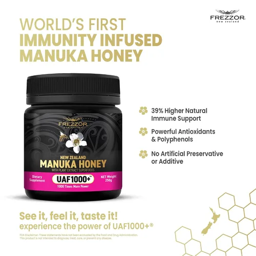 Vista 4 de FREZZOR Miel de Manuka cruda prémium de Nueva Zelanda con UAF1000+ Perfect Daily Wellness Ritual, Superfood, 4 frascos (8.8 oz/250 g por frasco)