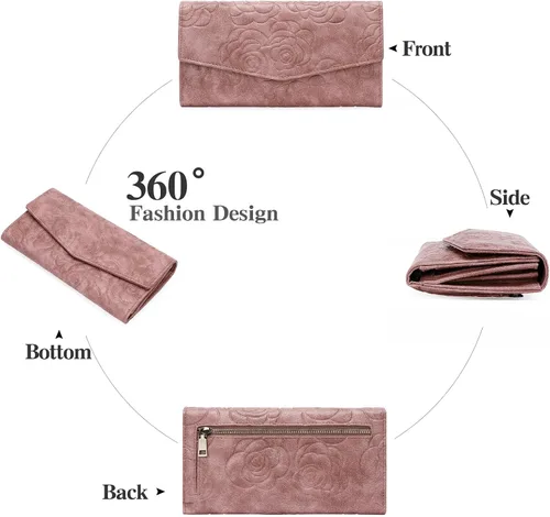 Vista 7 de GOIACII Cartera de mujer con bloqueo RFID para tarjetas de crédito, monedero con cremallera y bolsillo para monedas, flor en relieve, color rosa