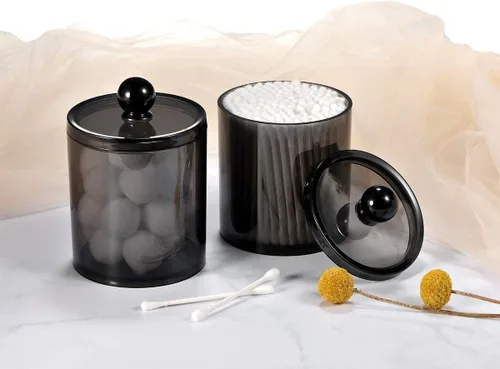 Vista 6 de SheeChung Paquete de 2 tarros pequeños de plástico transparente para boticario de 10 onzas – Soporte dispensador Qtip para almacenamiento de tocador
