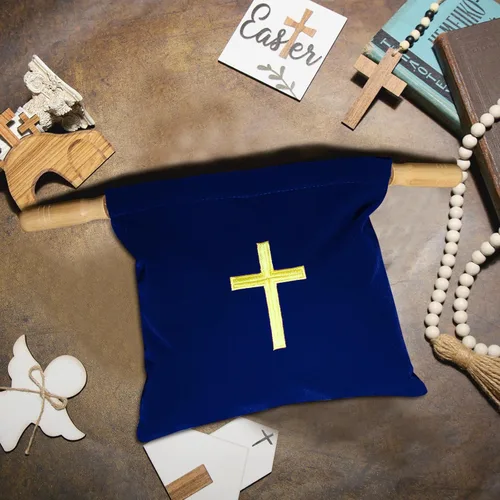 Vista 4 de Abbylike Bolsa de terciopelo para ofrendas de iglesia con asas de madera, bolsa de ofrenda religiosa de 10 pulgadas, bolsa de colección de iglesias