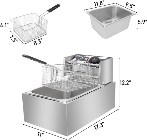 Vista 2 de Freidora comercial con canasta, 6.3QT/6L, desmontable de gran capacidad, de acero inoxidable, freidora de aceite eléctrica con control