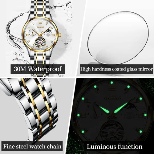 Vista 5 de OLEVS Reloj automático para mujer, de lujo, con cuerda automática, de diamante, de acero inoxidable, de fase lunar, impermeable, esfera azul luminosa