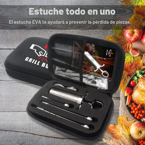 Vista 5 de Grill Bump Kit de jeringa para inyector de carne con 3 agujas de inyector profesional de marinada y estuche de viaje para ahumador de parrilla, pavo
