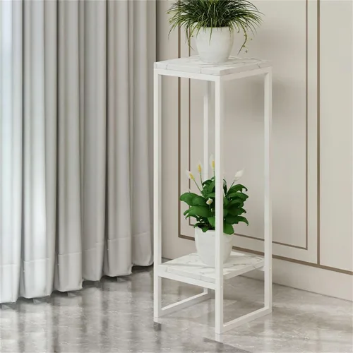 Vista 8 de Mesa cuadrada simple de madera de varios niveles con estante de almacenamiento, soporte para maceta de hierro forjado para sala de estar en Negro