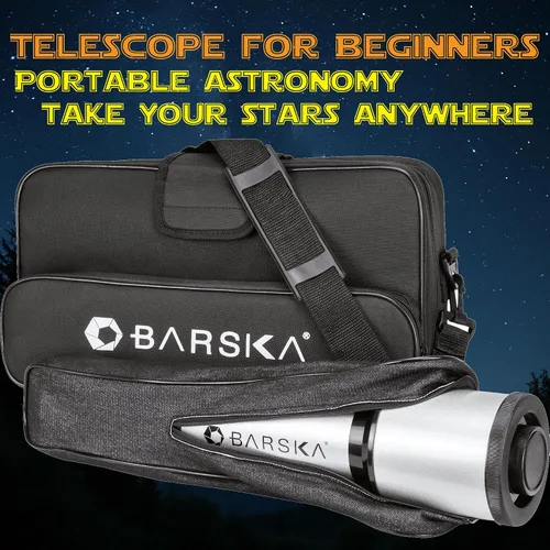 Vista 5 de BARSKA Starwatcher telescopio refractor de 400 x 70 mm con trípode de mesa y funda de transporte