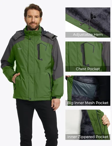 Vista 4 de wantdo Chaqueta de esquí impermeable de montaña para hombre, chaqueta de lluvia resistente al viento, abrigo cálido con capucha para invierno
