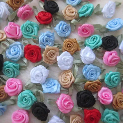 Vista 6 de 200 unids/lote mini lazos de cinta rosas flor raso rosetas tela adorno artificial apliques costura artesanía bricolaje hecho a mano decoración