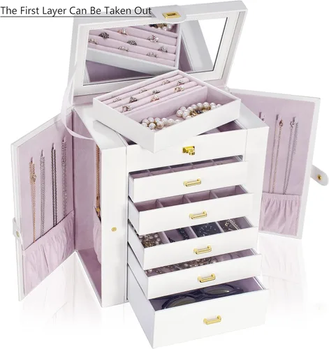 Vista 2 de AKOZLIN - Organizador de joyería extra grande de 6 niveles con espejo, estuche de joyería de cuero con 5 cajones para mujeres y niñas, para anillos