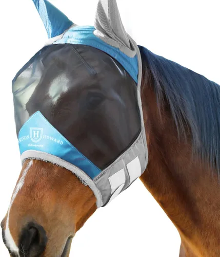 Vista 3 de Harrison Howard Máscara de mosca de caballo luminosa profesional estándar con orejas protección UV para caballo, azul y plateado, pequeño poni