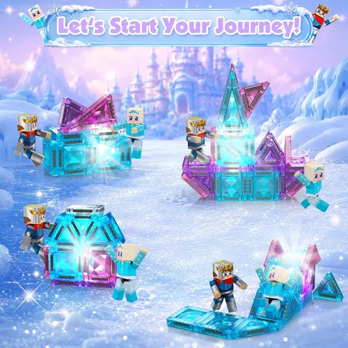 Vista 6 de Frozen Mini azulejos magnéticos de juguete de construcción de castillo de princesa, 50 bloques de construcción magnéticos con 2 personas de acción