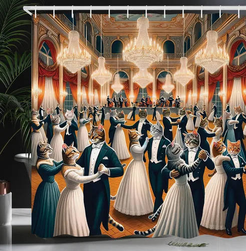 Vista 21 de Ambesonne Cortina de ducha de gato, diseño bohemio de estilo étnico con poses de gatitos sentados y acostados, juego de decoración de baño de tela