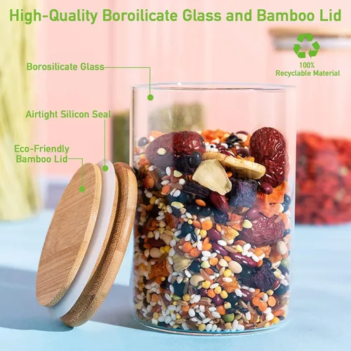 Vista 12 de Aoeoe Paquete de 4 tarros de almacenamiento de vidrio con tapa hermética de bambú, recipientes de cocina de vidrio de 27 onzas, recipiente