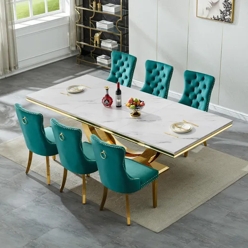 Vista 38 de SSLine Juego de mesa de comedor de mármol sintético blanco de 68 pulgadas