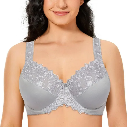 Vista 10 de TELIMUSSTO Brasier con aros de encaje floral de cobertura completa para mujer, talla grande, sin relleno, cómodo Beige