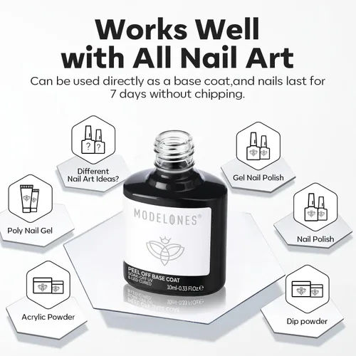 Vista 5 de modelones Capa base de gel U V, capa base pelable de secado rápido para esmalte de uñas de gel, protección suave para uñas finas y débiles, 0.3 fl oz