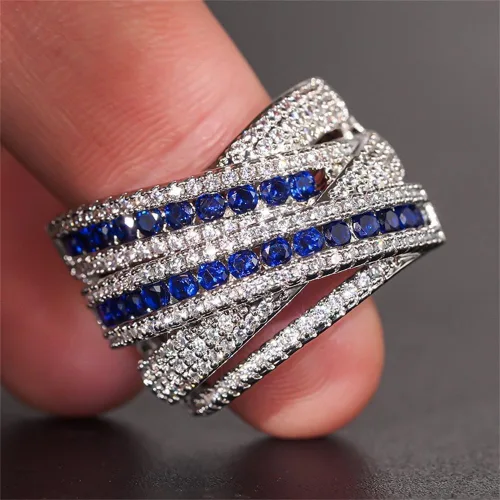 Vista 3 de Anillo de plata de ley 925 con zafiro natural, anillo cruzado de circonita cúbica, anillo de compromiso de eternidad, anillo de compromiso de boda