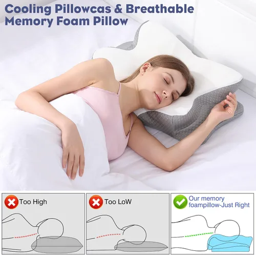 Vista 3 de Almohada cervical para el cuello, almohada de espuma viscoelástica para apoyo y alivio del dolor, almohada ergonómica de contorno para dormir