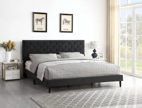 Vista 10 de Base de cama de plataforma tapizada completa con cabecero ajustable de 48 pulgadas de alto, cama de terciopelo de gamuza copetuda con botones