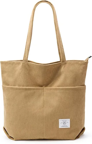 Vista 16 de KALIDI Bolsa Tote de Pana para Mujer con Cremallera Bolsa de Mano Casual Tote Bolsa de Hombro de Gran Capacidad con Bolsillos 1 negro y 1 blanco.