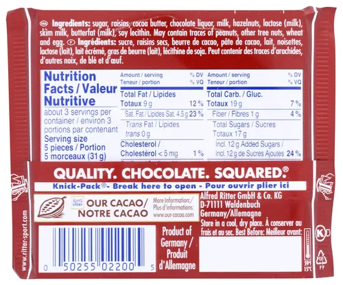 Vista 2 de Ritter Sport, Barra de chocolate con pasas y avellanas, 3.5 oz