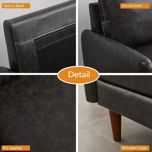 Vista 5 de INSTORY Sofá de dos plazas de cuero moderno Sofá cómodo con patas de madera para sala de estar, oficina, color gris oscuro