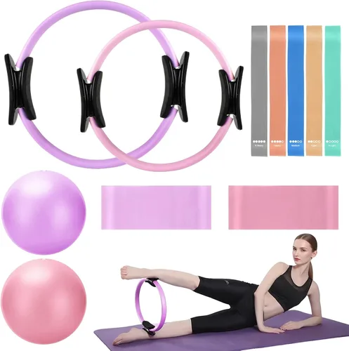 Vista 7 de TOPZGLEEY Juego de anillos y pelotas de pilates con bandas de resistencia, equipo de pilates para entrenamiento en casa, anillos de pilates de 14