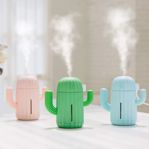 Vista 3 de Mini humidificador, Humidificadores de habitación, individual con luz nocturna, Humidificador de aire de cactus portátil para yoga, oficina, spa