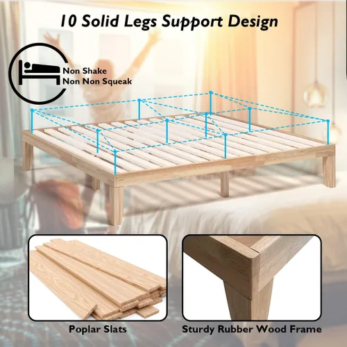Vista 4 de KOTEK Base de cama de plataforma de madera maciza de 14 pulgadas, base de colchón con soporte de listones de madera, base de cama de madera de goma