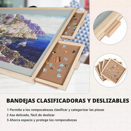 Vista 4 de ALL4JIG 1500 piezas 2 en 1 tabla de rompecabezas inclinable y giratoria para adultos, mesa de rompecabezas de madera de 24.53 x 33.19 pulgadas con 4