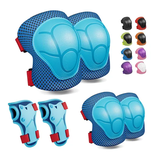 Vista 10 de Rodilleras para niños, rodilleras y coderas, conjunto de equipo de protección para niños y niñas con protectores de muñeca 3 en 1 para patinaje Negro