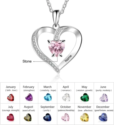 Vista 2 de Collares con colgante de corazón de amor para mujer, hechos con piedra natal de imitación, joyería de compromiso personalizada para ella