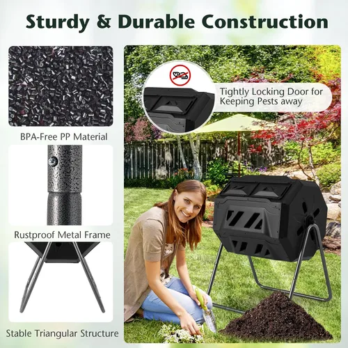 Vista 6 de Goplus Contenedor de compostaje de doble cámara para exteriores de 42 galones con 2 puertas corredizas, marco de metal resistente, compostador Negro