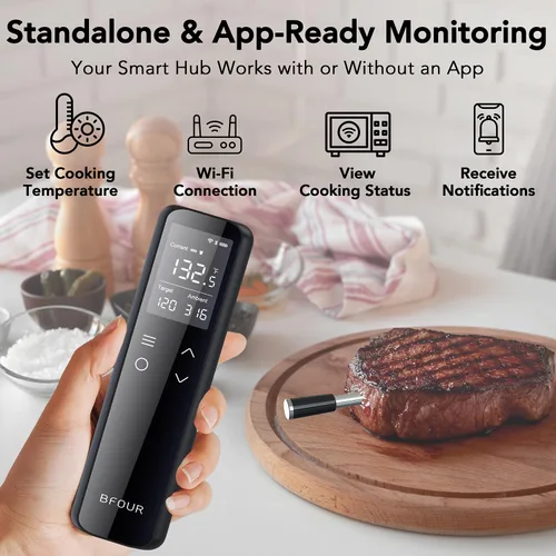 Vista 3 de BFOUR Termómetro inalámbrico para carne Bluetooth con base digital independiente, rango ilimitado WiFi, sensor de precisión 6, impermeable IP67