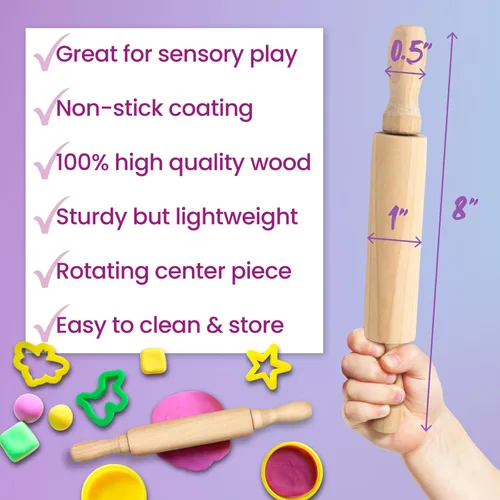 Vista 4 de Mini rodillos de 8 pulgadas para niños (paquete de 6) sin astillas, madera dura antiadherente para hornear, manualidades sensoriales, Play-Doh