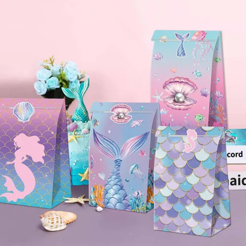 Vista 7 de XJLANTTE 40 bolsas de regalo de sirena, bolsas de recuerdo de fiesta bajo el mar con calcomanías para la cola, bolsas de fiesta para niños y niñas