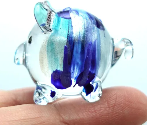 Vista 11 de Figuras pequeñas de cerdo en miniatura de animales soplados a mano, arte de vidrio coleccionable, decoración de regalo, V1 (flor azul)
