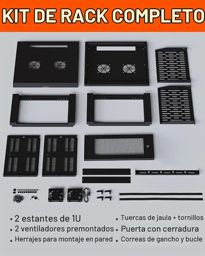 Vista 6 de ECHOGEAR 6U Rack de Red - Kit de Rack de Pared Montado en la Pared Incluye 2X Estantes de 1U, Ventilador Premontado, Puerta con Cerradura y Hardware