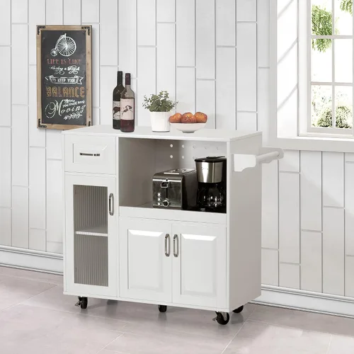 Vista 5 de Sophia & William Carrito de isla de cocina con ruedas con bandeja extensible, estante ajustable y puerta de cristal, isla de almacenamiento móvil