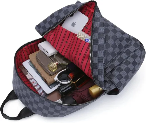 Vista 3 de FR Fashion Co. Mochila de cuero a cuadros para mujer, duradera, alta capacidad, Blanco