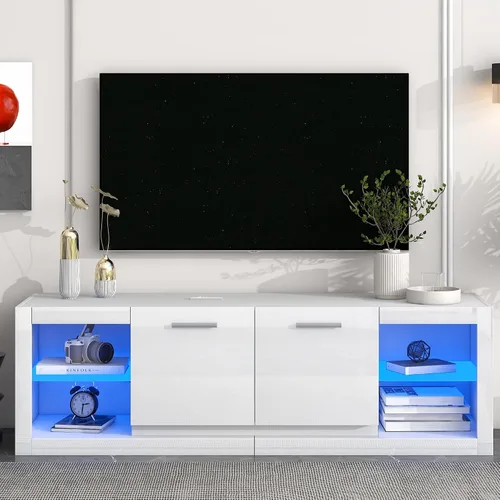Vista 13 de Soporte de TV versátil de alto brillo con luces LED que cambian de color y 2 estantes de vidrio templado, centro de entretenimiento para televisores